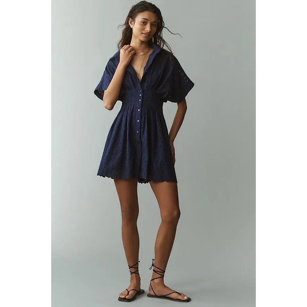 New Anthropologie Exquise The Tobie Mini Eyelet Shirt Dress Navy Size XS Petite